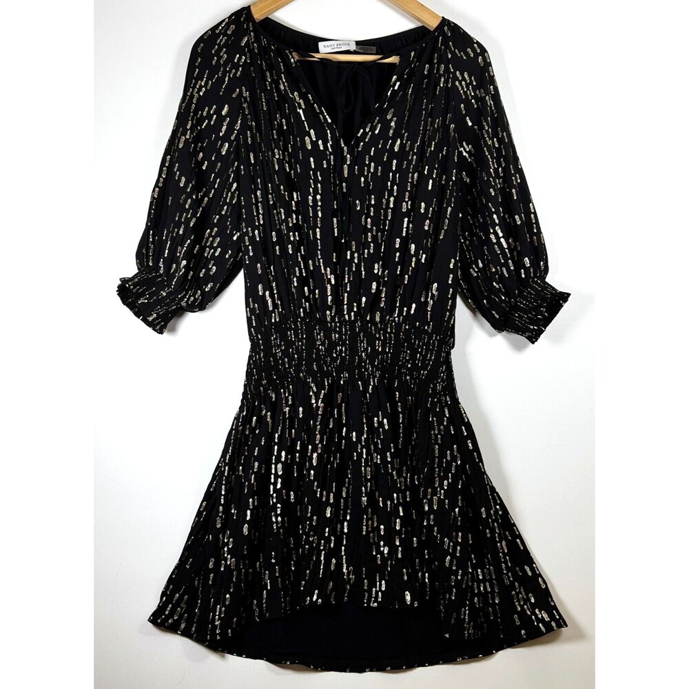 Ramy Brook Dress Womens XS Black Metallic Mini Smocked‎ Waist Puff Sleeve Party